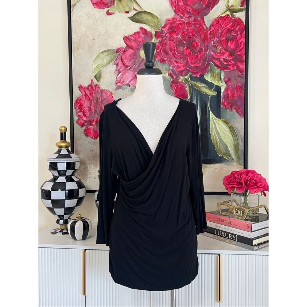 Vince Camuto Women's Faux Wrap Long Sleeve Pullover Tunic Top Black Size XL